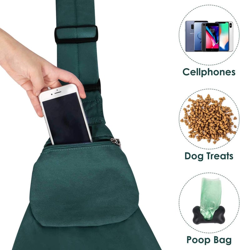 Lukovee Pet Sling, Hand Free Dog Sling Carrier Adjustable Padded Strap Tote Bag Breathable Cotton Shoulder Bag Front Pocket Safety Belt Carrying Small Dog Cat Puppy Machine Washable (Green, M) - Image 4